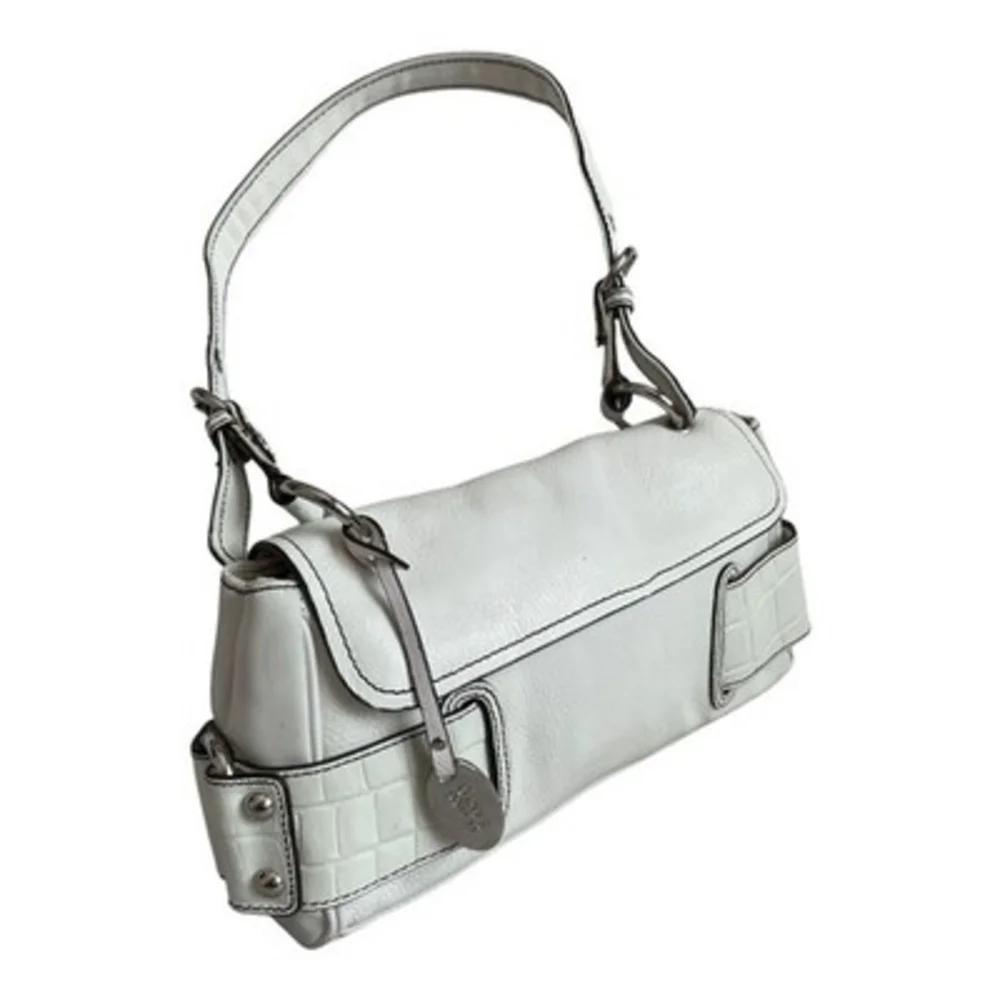Vintage Franco Sarto White Leather Shoulder Bag Faux Croc Trim Y2K 10
